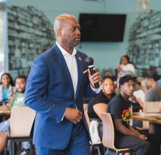 President Jenkins speaking to incoming students at New Student Orientation, July 24, 2024.